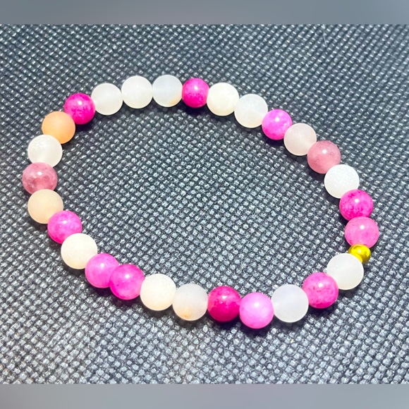 Rose Strawberry Quartz & Brushed Stone Beaded Bracelet Natural Handmade Boutique - Picture 3 of 10